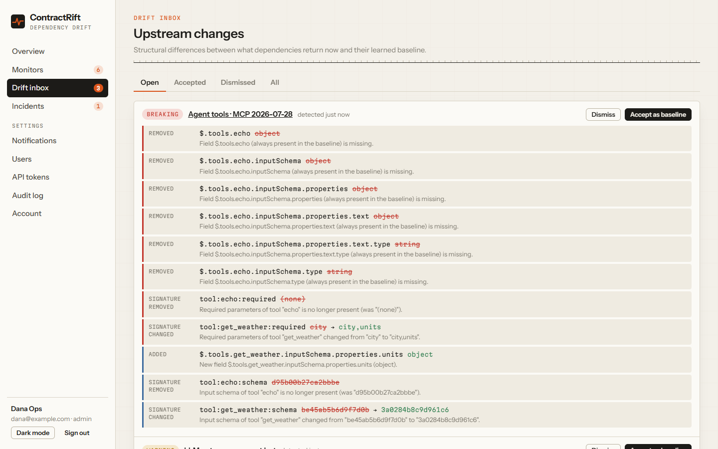 Drift inbox listing breaking and warning changes